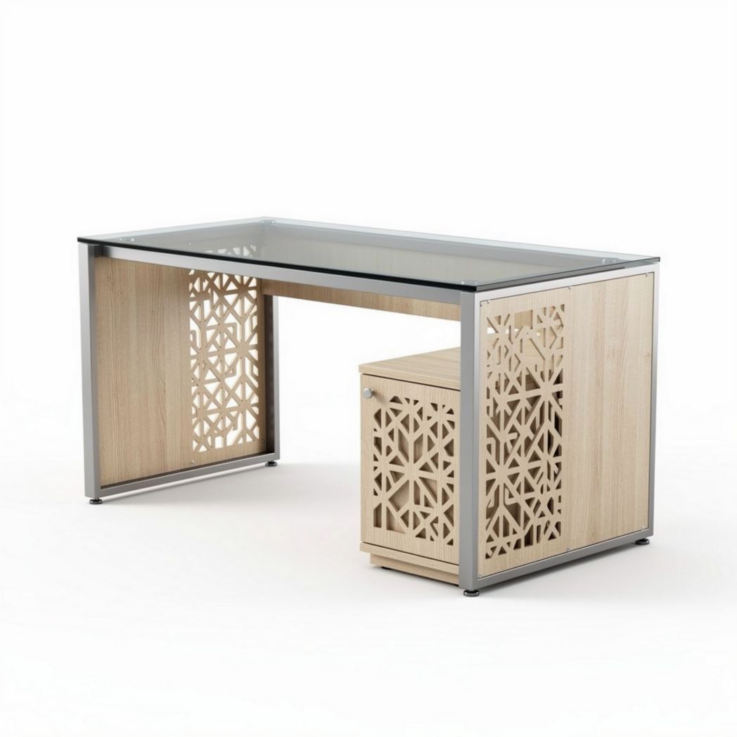 Bureau van glas en hout met moderne snijwerkdetails 120 x 60 x 75cm