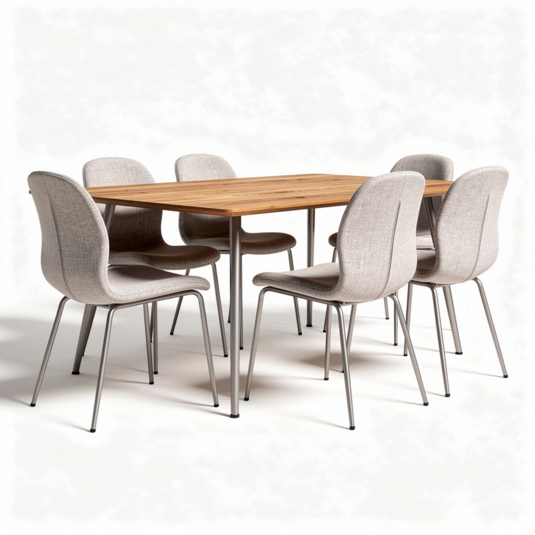 Eetkamerset van acacia hout met zes stoffen stoelen grijs 180 x 90 x 75cm