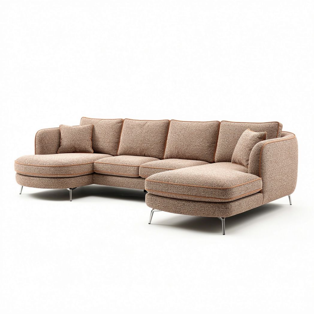 L-vormige bank van stof in bruin met afmetingen 220 x 90 x 85cm