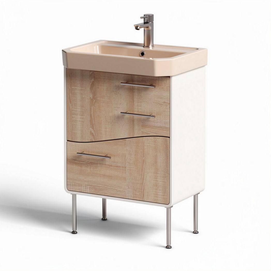 Wastafelmeubel met houten ladekast en waskom 70 x 40 x 85cm beige en bruin