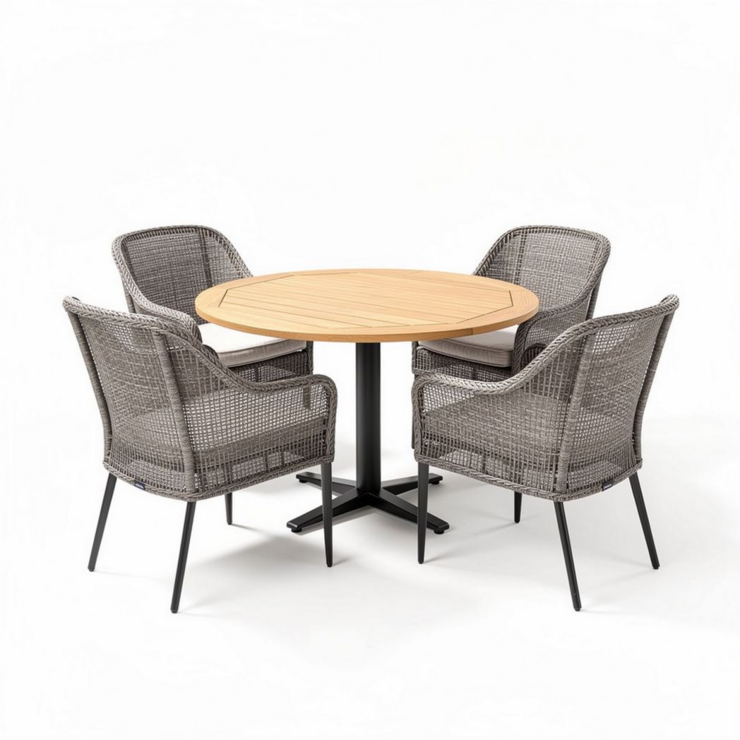 Ronde tafel met vier stoelen van rotan en hout 120 x 120 x 75cm grijs