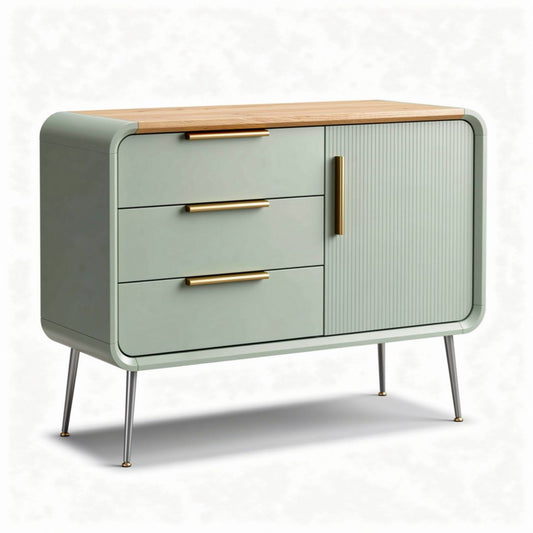 Kast in mintgroen met houten blad en metalen poten 80 x 40 x 75cm