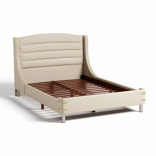 Bedframe van stof met houten lattenbodem in beige 200 x 160 x 100cm